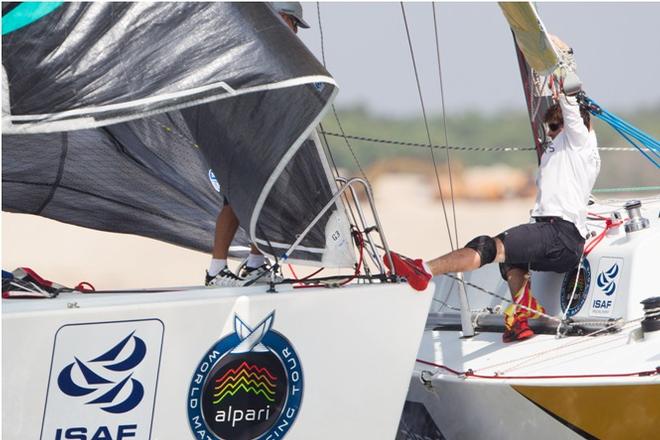 Jeremy Koo heading into Mathieu Richard and his LunaJet Team during Qualifying Session 2 - Monsoon Cup Malaysia © Robert Hajduk / AWMRT - 2015 World Match Racing - Monsoon Cup Malaysia © Alpari World Match Racing Tour